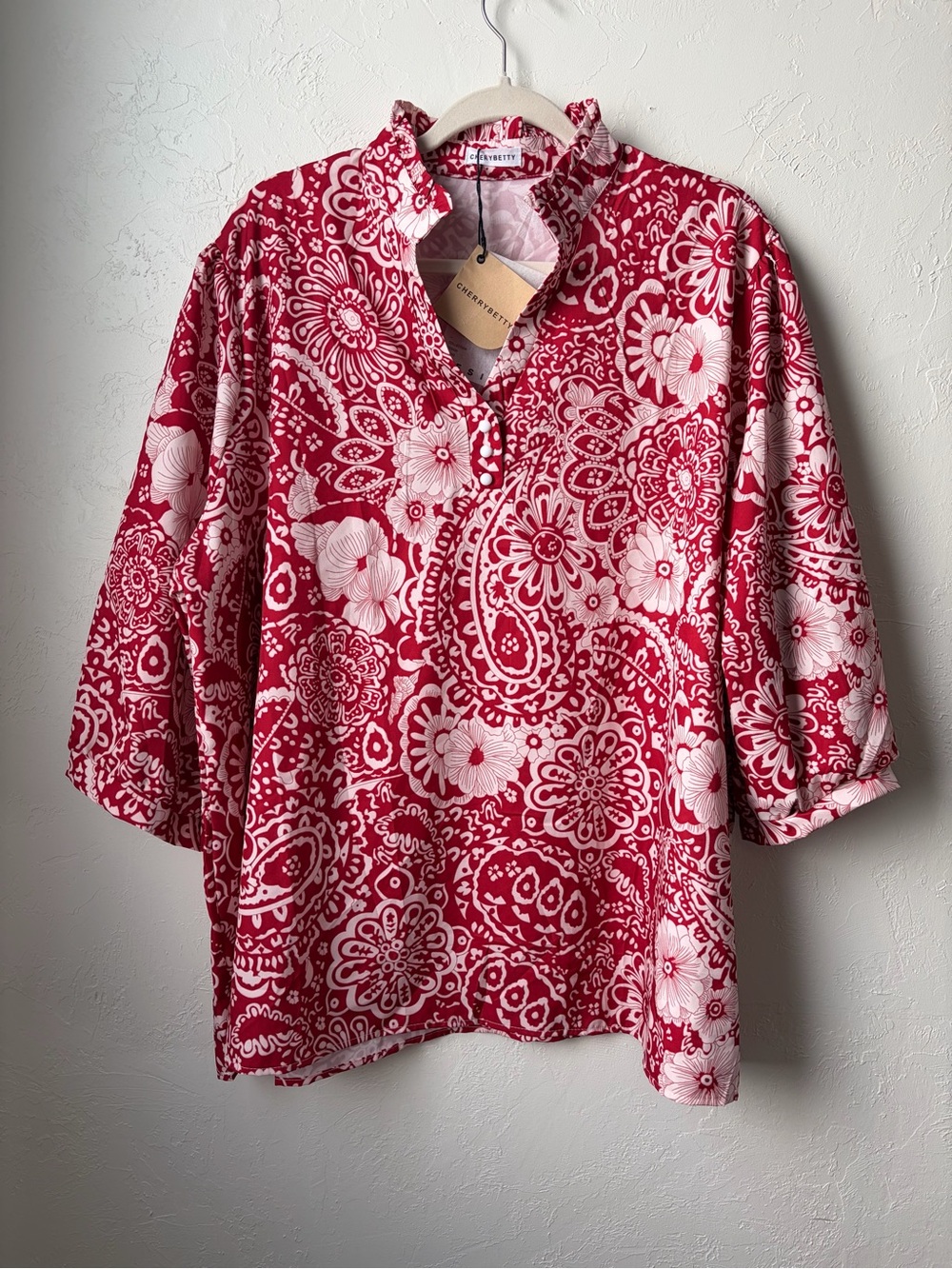 Cherrybetty Red Pink Floral Paisley Ruffle Blouse Tunic 3XL